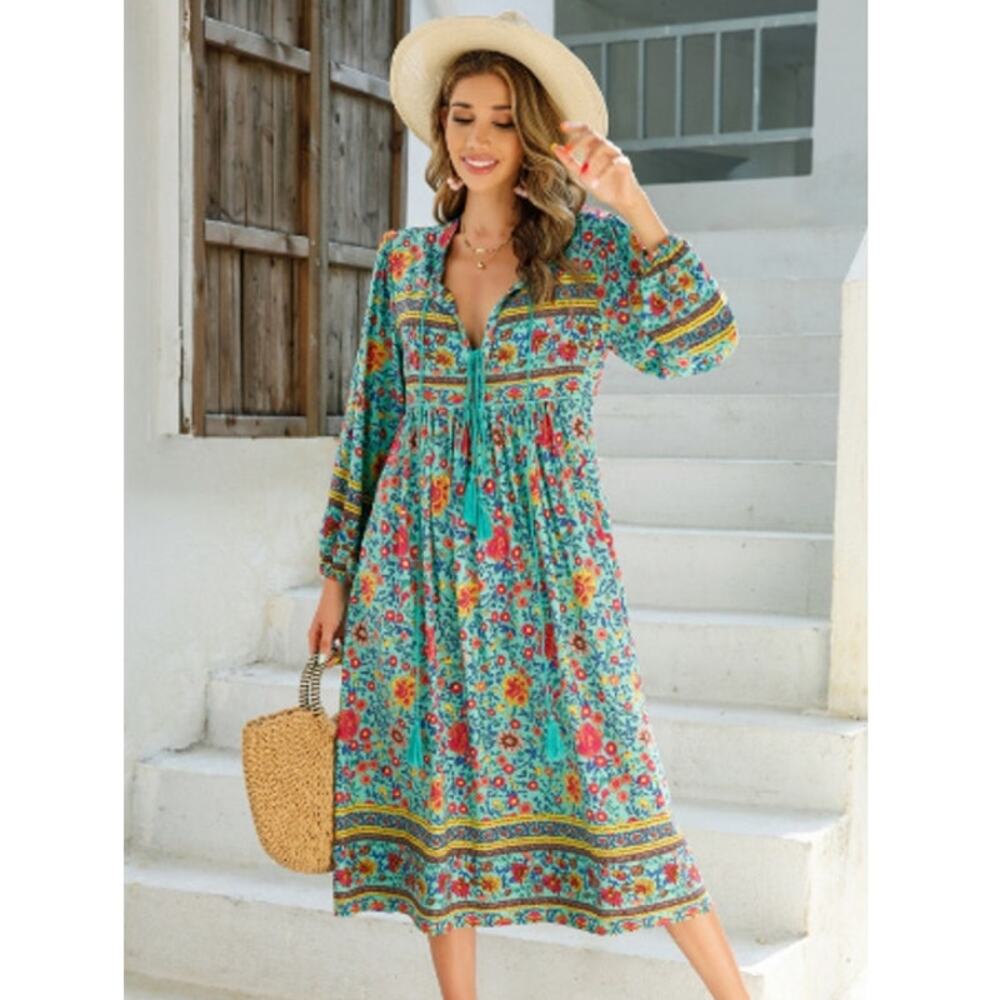 R. Vivimos Size L Blue Boho Floral Long Sleeve Tassel Split Neck Midi Dress